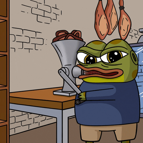 a cartoon of a frog using a meat grinder in a kitchen