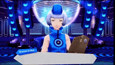 a video game character named woman in blue is talking to another character