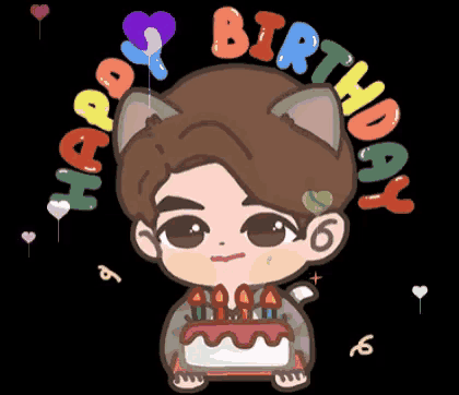 a cartoon of a boy with a cat ear holding a birthday cake