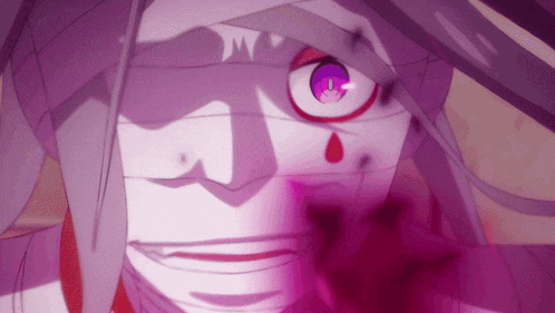 a close up of a person 's face with purple eyes and a bloody nose
