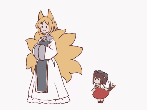 a cartoon drawing of a woman and a cat standing next to each other on a white background .