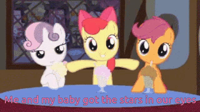 three ponies are standing next to each other with the words me and my baby got the stars in our eyes above them
