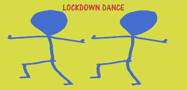 a drawing of two stick figures dancing with the words lockdown dance below them