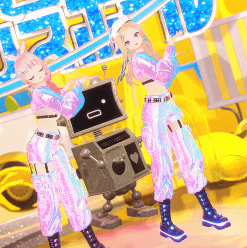 two anime girls are standing next to a robot that has the number 0011 on it