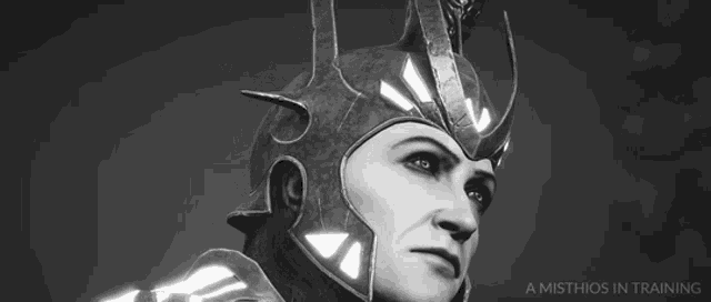 a black and white photo of a man wearing a helmet with the words " a misthios in training " on the bottom