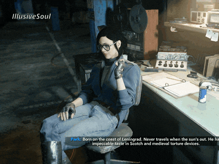 a woman sitting at a desk with the words park born on the coast of leningrad on the bottom