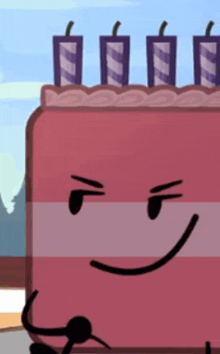 a red cake with purple candles on top has a face on it