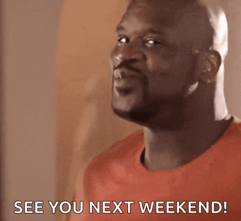 a bald man in a red shirt says see you next weekend