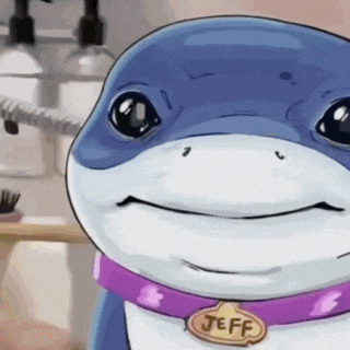 a cartoon dolphin wearing a purple collar and a tag that says jeff