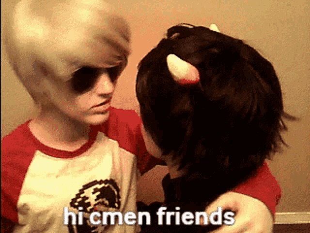 a couple of people standing next to each other with the words " hi cmen friends " on the bottom