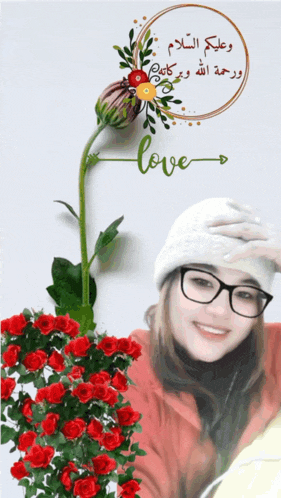 a woman wearing glasses and a white hat is surrounded by red roses and a sign that says love