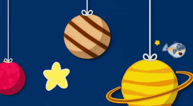 a cartoon illustration of planets hanging from strings