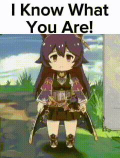 a cartoon girl is standing in a field with the words `` i know what you are '' written above her .