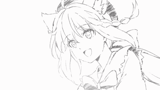 a black and white drawing of a girl wearing a hat and a bow .