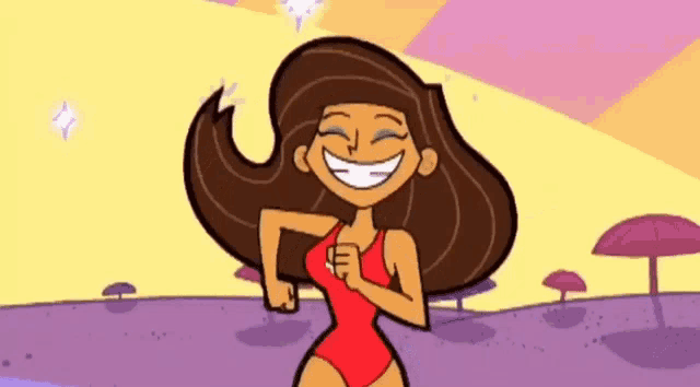 a cartoon woman in a red swimsuit is smiling and dancing