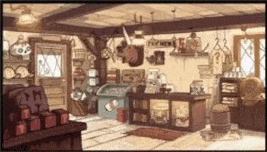 a cartoon drawing of a store with a pay here sign hanging from the ceiling