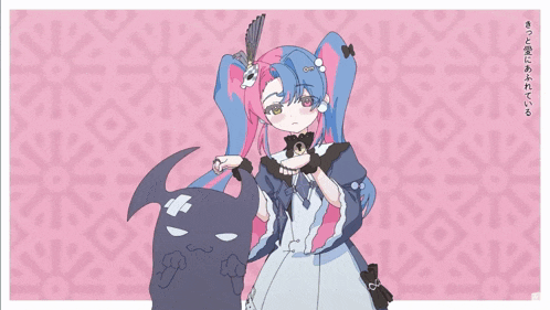 a drawing of a girl in a blue dress holding a black object