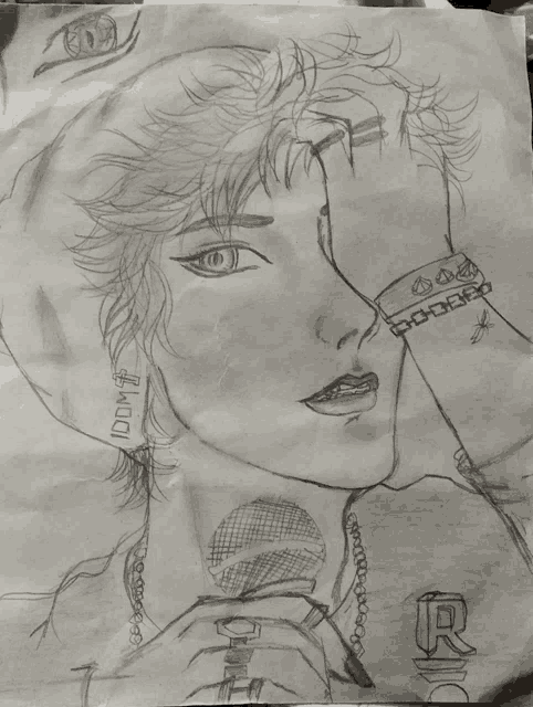a black and white drawing of a person with the letter r on their wrist