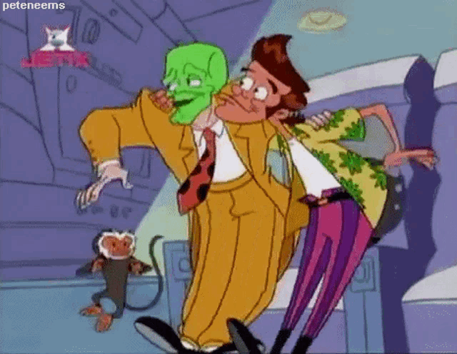 a cartoon of a man in a suit with a green mask on his face .