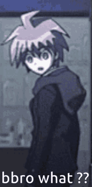 a boy with purple hair is standing in front of a window with the words bbro what ?