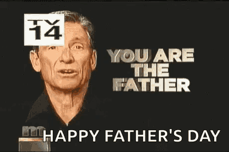 a man is talking into a microphone with the words `` you are the father '' written above him .