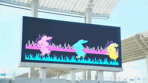 a large billboard with a bunch of rabbits and flames