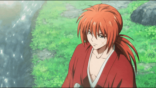 a red haired anime character stands in a grassy field