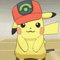 a cartoon pikachu wearing a red hat with a pokemon on it .
