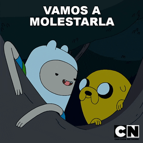 a cartoon of finn and jake from adventure time says " vamos a molestarla "