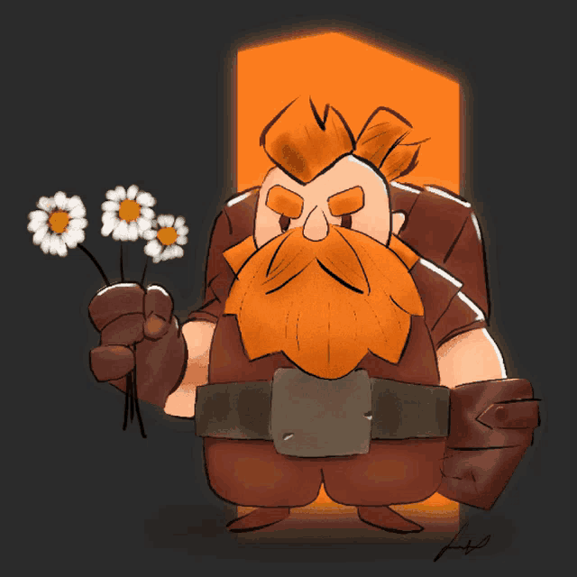 a drawing of a man with a beard holding flowers