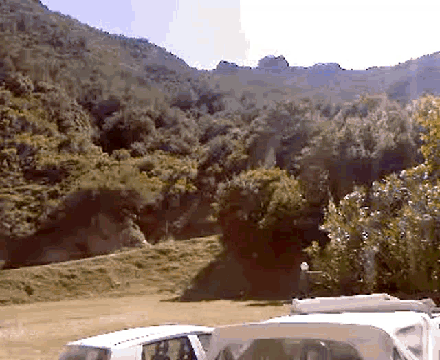 a car is parked in a grassy area with a mountain in the background