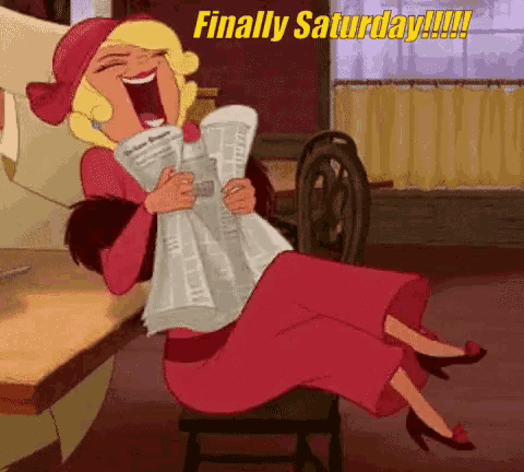 a cartoon of a woman sitting on a chair reading a newspaper .