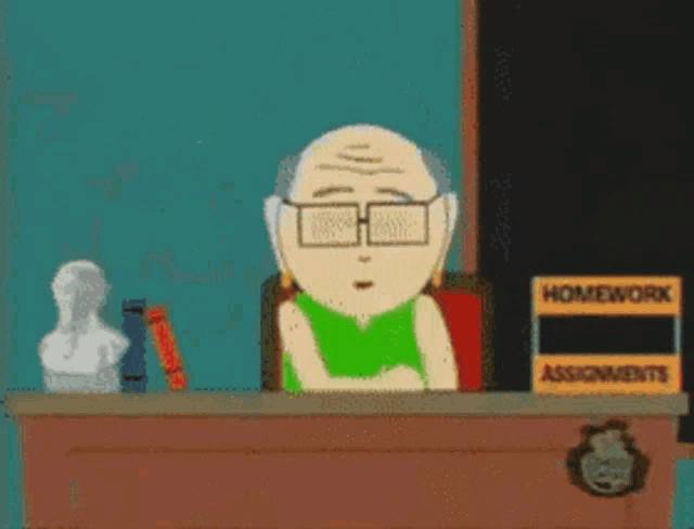a cartoon of a man sitting at a desk with homework assignments