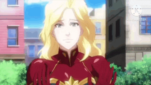 captain marvel from marvel comics is standing in front of a city street .