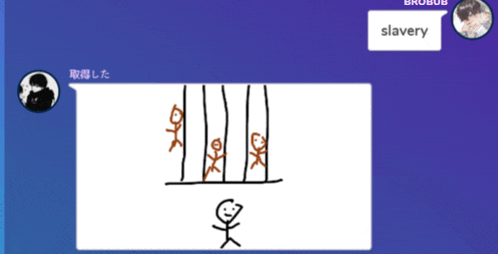 a drawing of stick figures behind bars with the word slavery in a speech bubble