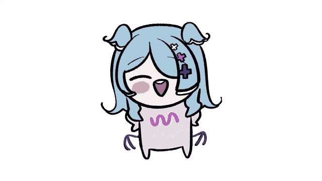 a cartoon drawing of a girl with blue hair and a cross on her hair