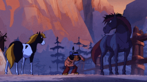 a man standing next to two horses in a cartoon