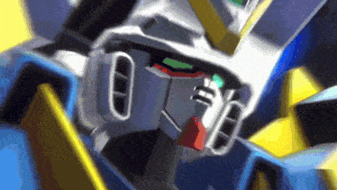 a close up of a robot 's head with a blue and yellow background