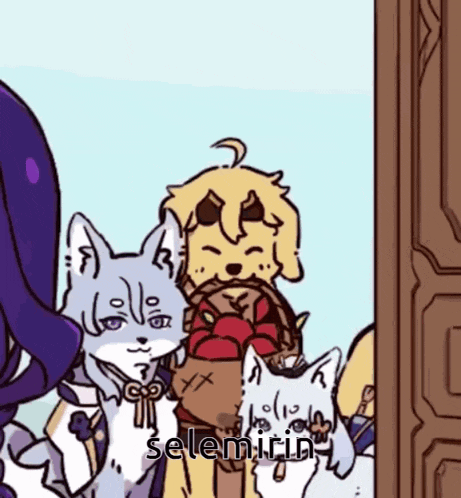 a cartoon of a dog holding a basket of apples and a cat with the word selemin written on it