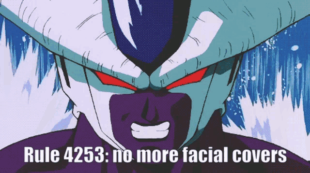 a picture of a cartoon character with the words rule 4 253 no more facial covers on the bottom