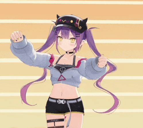 a girl with purple hair wearing a cat hat