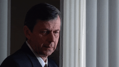 a man in a suit and tie is standing in front of a window