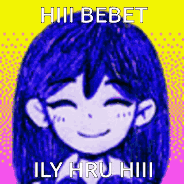 a drawing of a girl with blue hair and a caption that says ' hii bebet ily hru iiii '