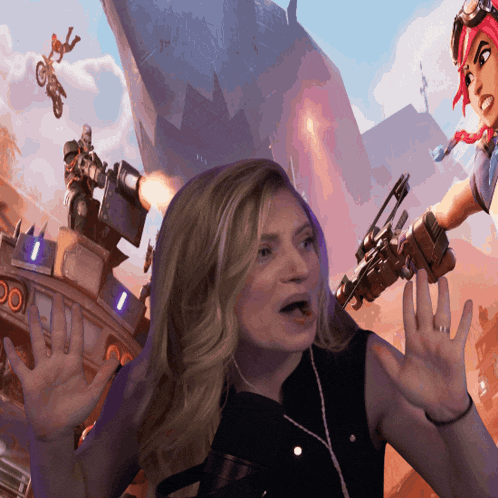 a woman with a surprised look on her face is in front of a video game scene