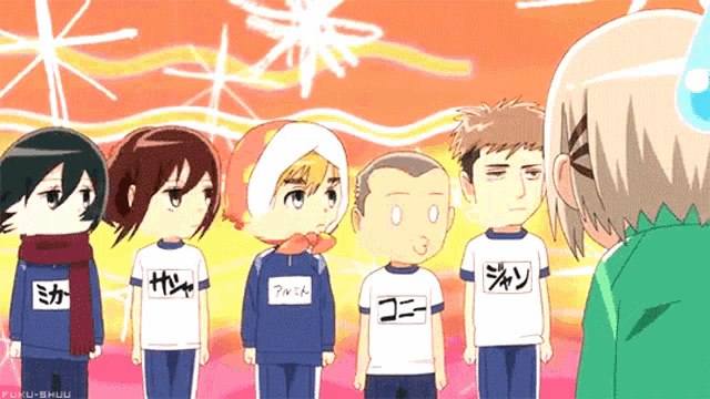 a group of anime characters are standing next to each other with one wearing a t-shirt that says " mika " on it