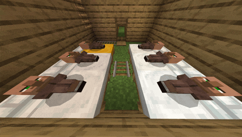 a group of minecraft villagers laying on beds