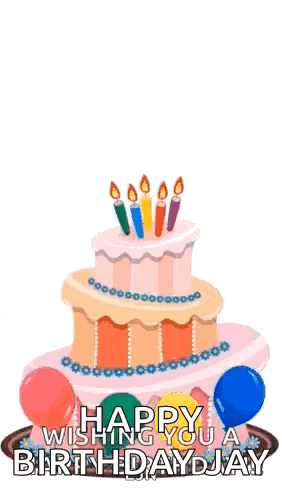 a birthday cake with candles and balloons with the words happy birthday wishing you a birthday jay