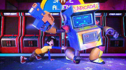 a man is standing next to a robot in an arcade with a sign that says space alien arcade