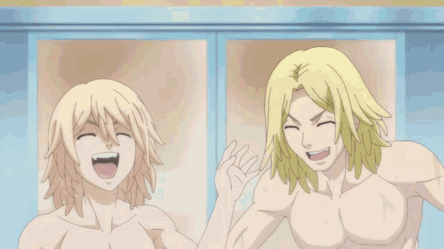 two anime characters are laughing in front of a blue wall