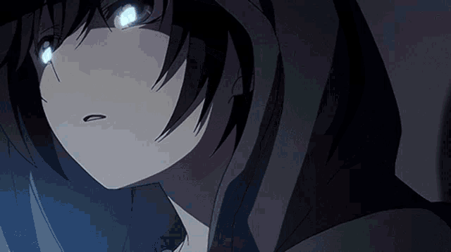 a close up of a anime character with blue eyes